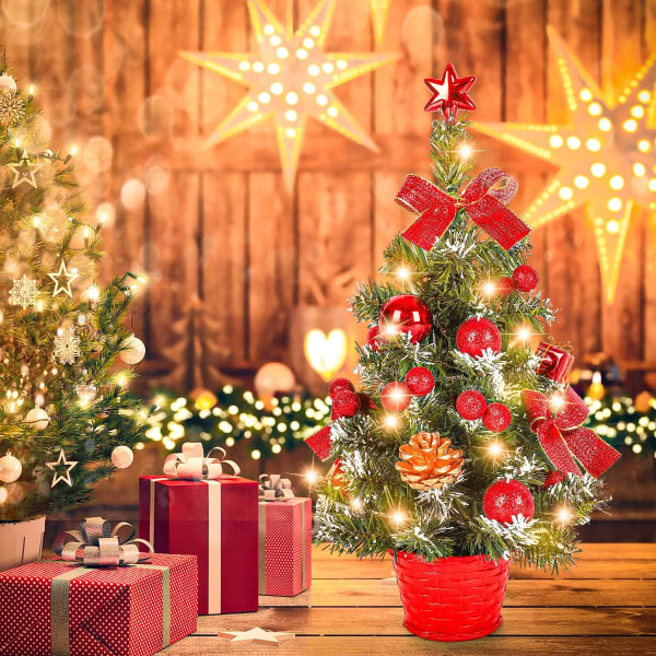 Mini kunstigt juletræ, lille juletræ med LED lys, mini bordplade træ dekoration til kontor, bar, 40 cm (rød)