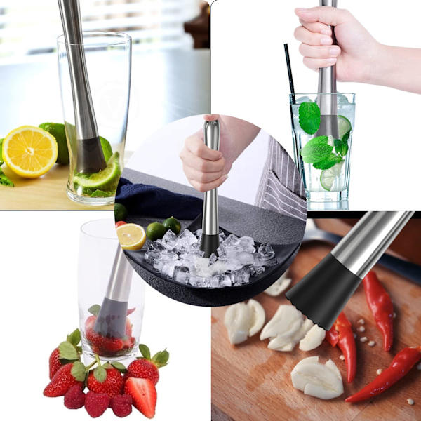 4 stk. rustfrit cocktail muddler og blandeske i rustfrit stål, 8 tommer