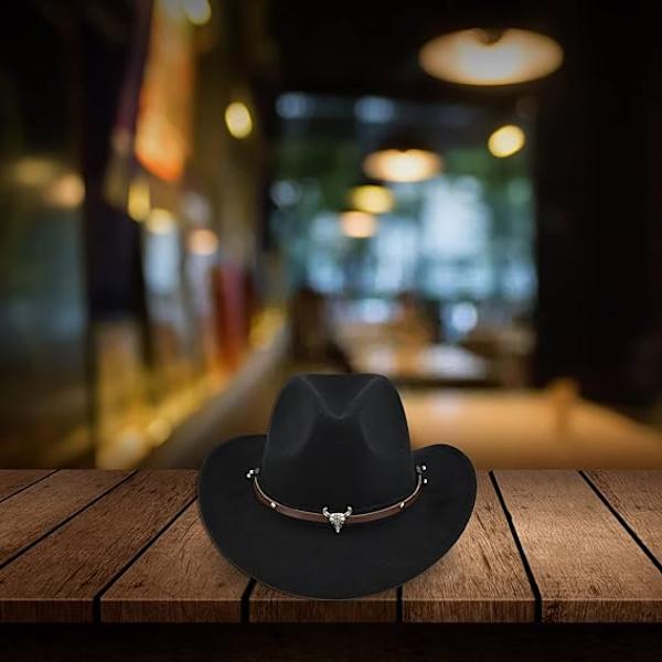 Herrar Western Cowboy Hattar med Tjurhuvud Dam Retro Vintage Jazz Hatt, svart