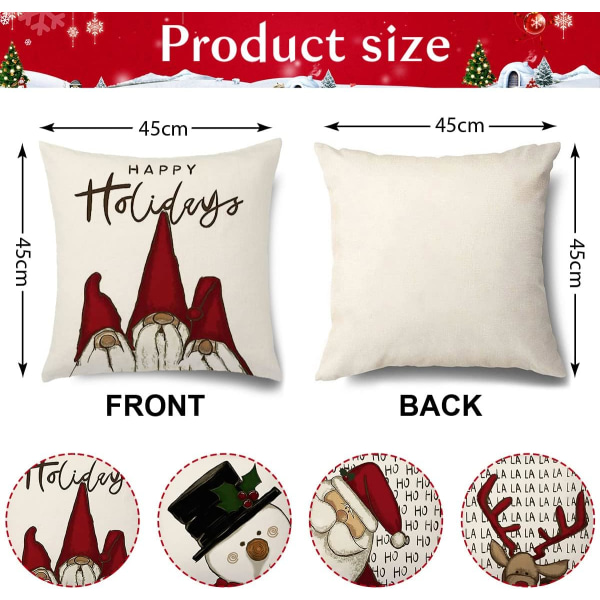 Julkuddeöverdrag 45 x 45 cm, Set med 4 Kuddfodral, Fint Linne Kuddfodral, Jul, Juldekoration för Vardagsrum, Sovrum