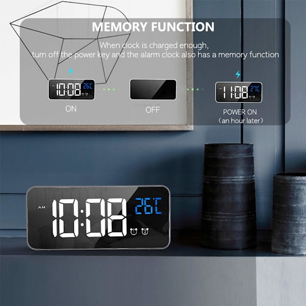 Digital väckarklocka med stor LED-temperaturdisplay, spegelalarm 4 nivåer justerbar ljusstyrka dimmer USB-laddningsport för sängbord, sovrum