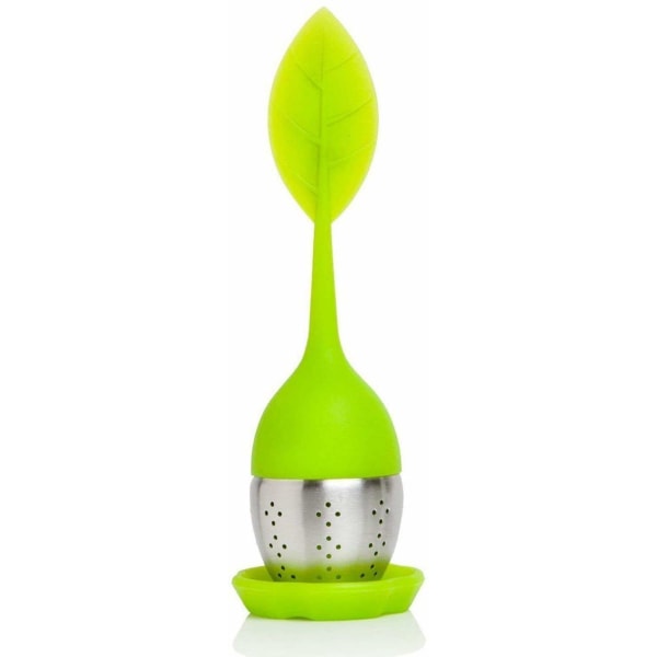 Silikone Teinfuser til Løs Te - Langt Bladformet Håndtag - Rustfrit Stål Si, Grøn (1 stk.)