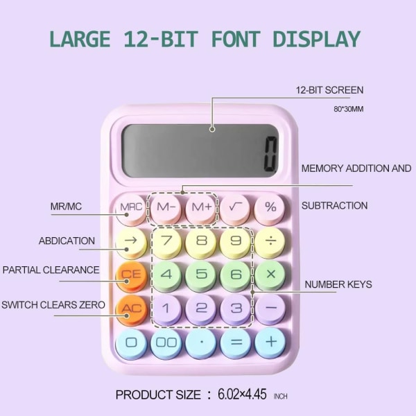 Luova elektroninen makean värin laskin, pyöreä painikelaskin, 12-numeroinen LCD ja suuret pyöreät painikkeet, söpö laskin