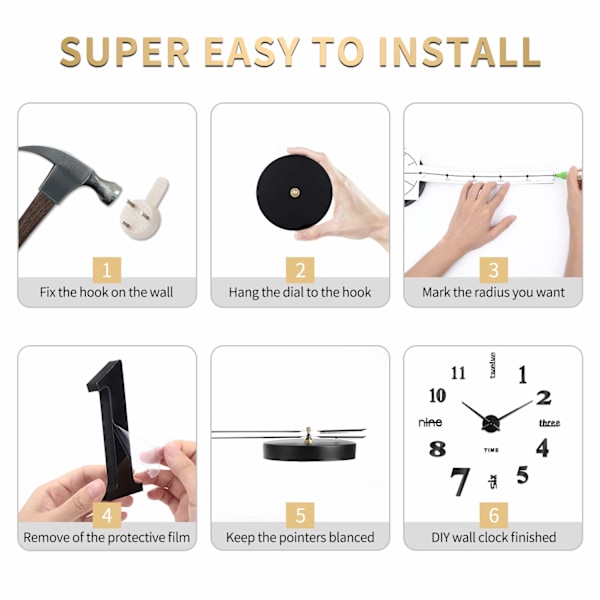 3D Væg Ur, DIY Digitalt Væg Ur, Stille Urværk, Moderne Design Væg Ur, Kæmpe Væg Ur til Soveværelse Køkken Stue (80-120 cm), Sort