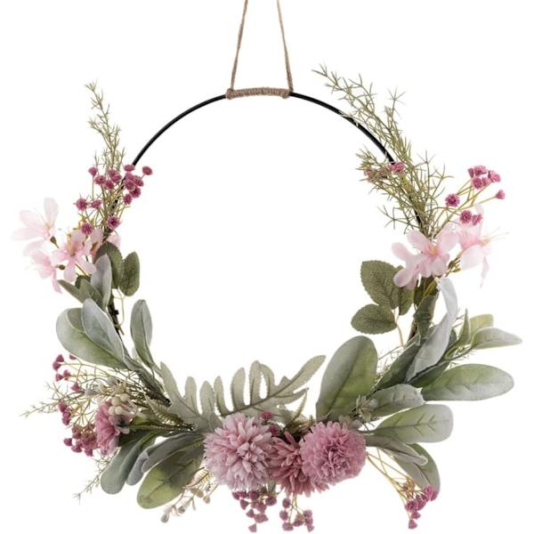 Kunstige blomster metalring eukalyptus krans floral dørkrans vægkrans guirlande påskekrans blomsterkrans påskedekoration pink