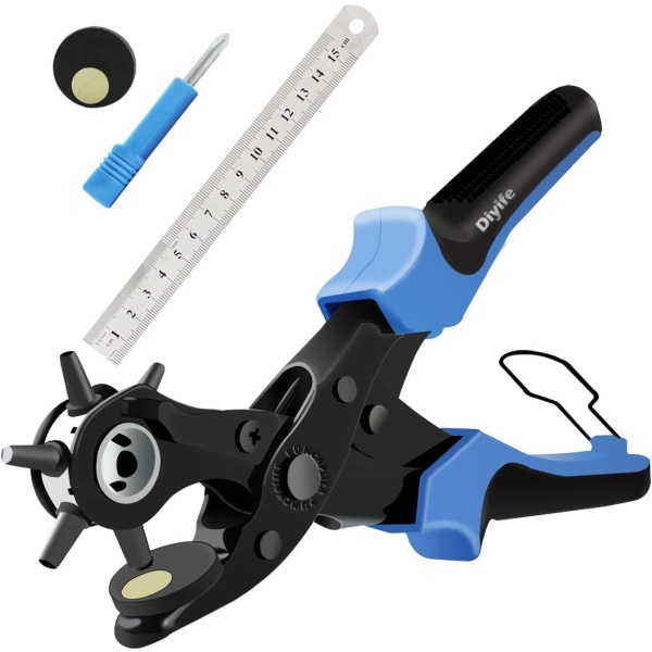 Leather Hole Punch,Belt Puncher, Heavy Duty Revolving Plier Tool with 2 Extra Plates and Ruler, Multi Sized