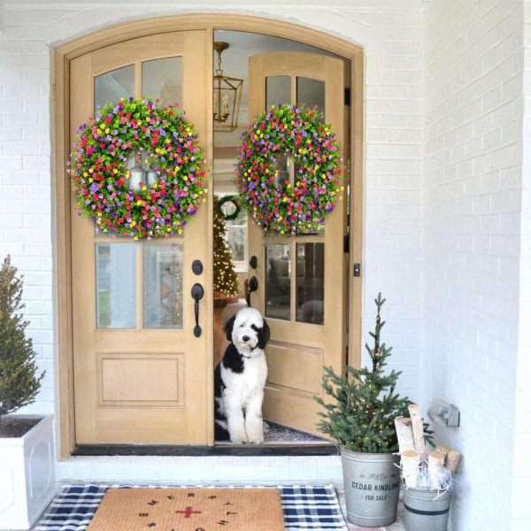 40 cm dörrkrans vår konstgjorda färgglada dekorativa blomsterkrans, väggkrans ytterdörr konstgjord blomma (stil A)