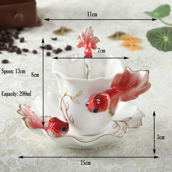 Keramisk tekopp, 3D guldfisk kaffekoppset, handgjord glaserad porslinsguldfisk kaffekopp med fat och sked, porslinstekopp