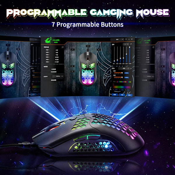 65G Trådlös Lättvikts Spelmus, 26 RGB Bakgrundsbelyst USB Spelmus med 7 Programmerbara Knappar, med Ultralätt Ergonomisk Bikakestruktur