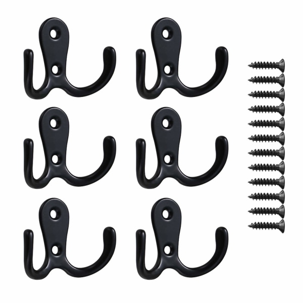 6 PCS Double Prong Robe Hook, Chrome Dual Coat Hooks, Cloth Hanger with Screws Hanging Clothes Robe Towel for Bathroom Bedroom Door Wall