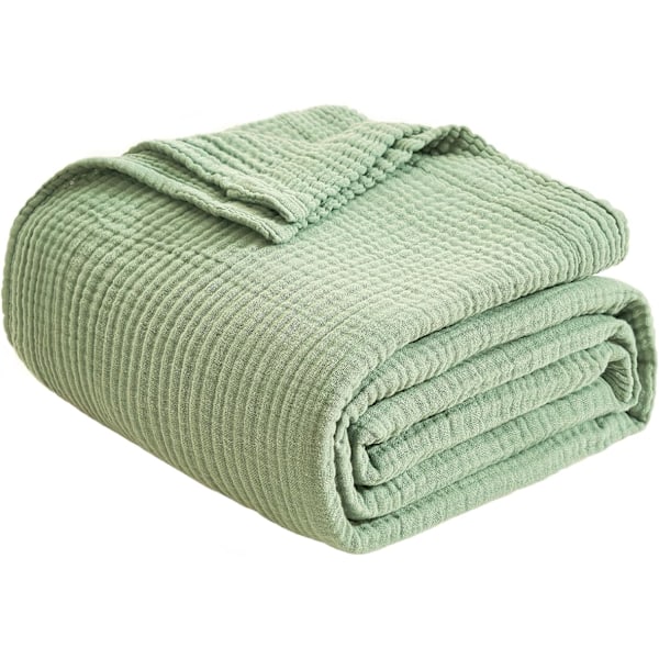 Bomuldskaste Tæppe 100% Muslin Blødt Tæppe til Sofa 4-Laget Åndbart Gaze Tæppe Alle Sæsoner Blødt  (Salviegrøn, 70 x 100cm)Grøn