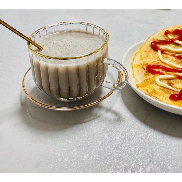 Pumpaformad kaffemugg i glas med fat och sked, 14,5 oz tekopp i glas med guldkant