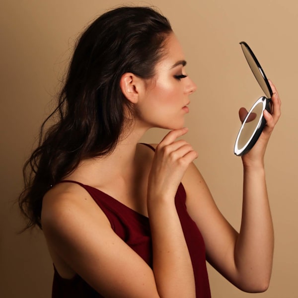 Bærbar Lommespejl Tosidet Makeup Spejl med LED Belysning, 2X/10X Forstørrelse, Stor 9cm Oplyst Rejse Spejl (Sort)