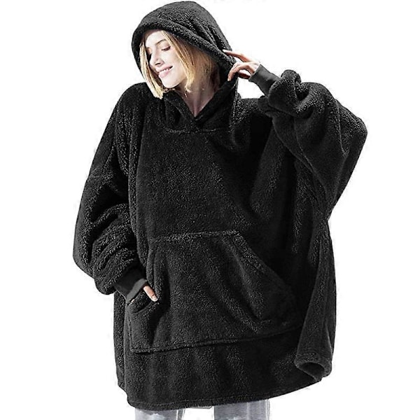Vinter Hættetrøje Tæppe, Kvinders Oversized Fleece Tæppe, Med Ærmer Stor Lomme, Varmt Tykt Hættetrøje Kappe Par, Sort balck
