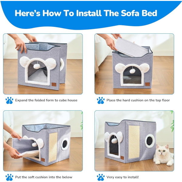 Foldbar Kattens Hus, Kattenseng 2 Lag Stor Kattens Hule for Kjæledyr med Kløsebrett og Fluffy Ball