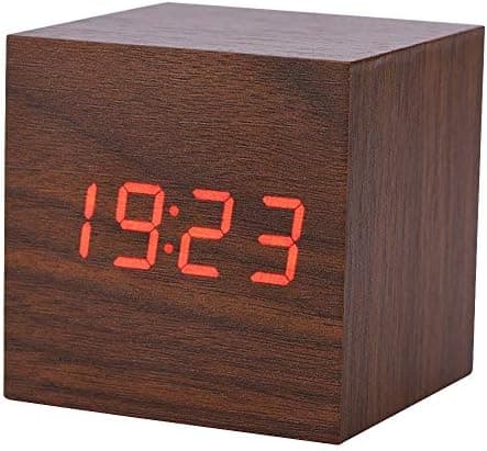 LED Väckarklocka Skrivbordsklocka Morgon Digital Klocka Kub/Rektangulär/Triangulär Datum Temperaturvisning med Rese Digital Väckarklocka (Valnötskub)