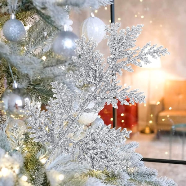 Juletræfjerpynt, 10 STK Glitterpulver kunstigt juletræsfyrblade velegnet til sæsonbestemt dekoration