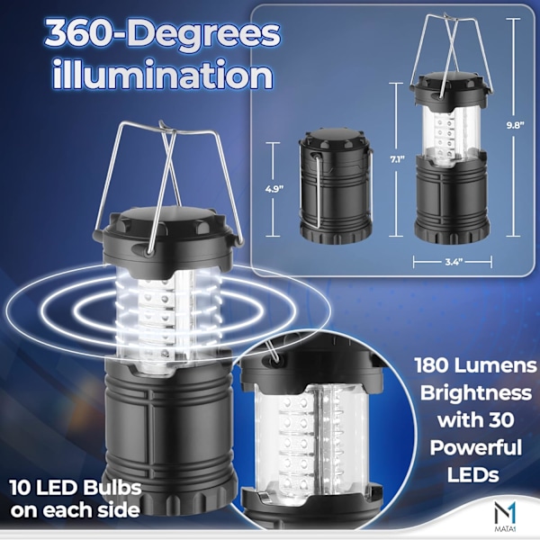 LED Camping Lanternor (Svart, 2-pack), Nödljus för Strömavbrott, Hopfällbara Lampor för Inomhus- och Utomhusbruk