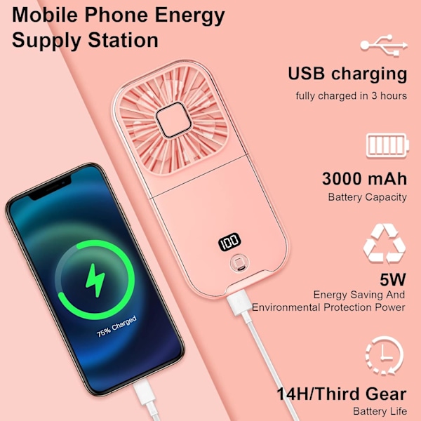 Sammenleggbar Håndholdt Vifte, Bærbar Mini Personlig Vifte, USB Oppladbar, med Powerbank, Halsvifte, 180° Sammenleggbar Bordvifte med Batteri