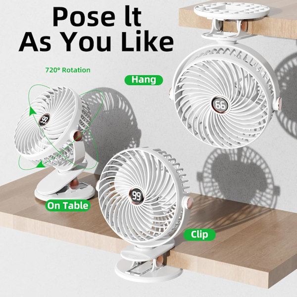 Pöytätuuletin, hiljainen USB-tuuletin klipsillä, 6000mAh kannettava mini pieni tuuletin, LED-näyttö, 5 nopeutta 720° pyöritys, pöytätuuletin toimistoon kotiin retkeilyyn