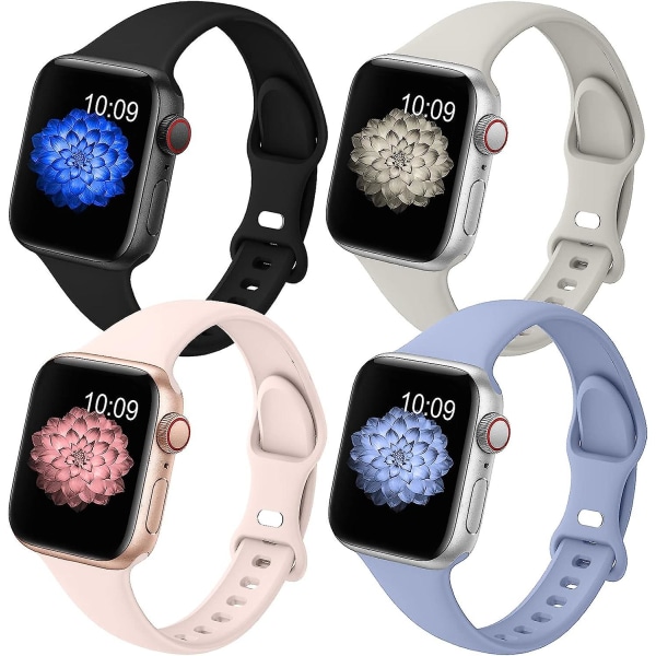 4-pack smala band kompatibla med Apple Watch-band 42 mm 44 mm för kvinnor och män, tunna smala mjuka silikonersättningsarmband för Iw