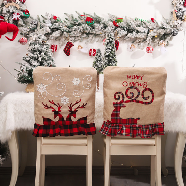 3 st julstolar överdrag linne 20,5x18,9'', tomte och hjort