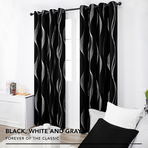 Set med 2 Silverfärgade Gardiner Linjemönster Mörkläggande Inomhus Vardagsrum Matsal Sovrum Gardin Värmeisolerande Anti Kyla med Öglor 132x213cm Svart