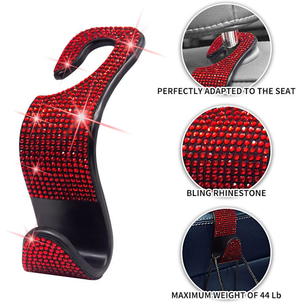 Auton käsilaukku koukku Bling Rhinestone auton koukut naisille tytöille, 4 pakkausta Crystal Auto takapenkin ripusttimet takaistuinten pääntukikoukku (punainen)