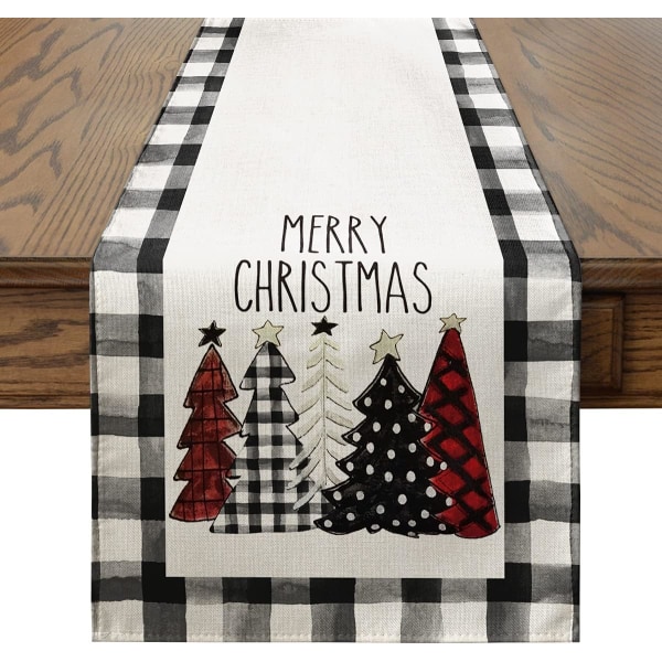 Watercolor Buffalo Plaid Christmas Trees Table Runner 13x108in