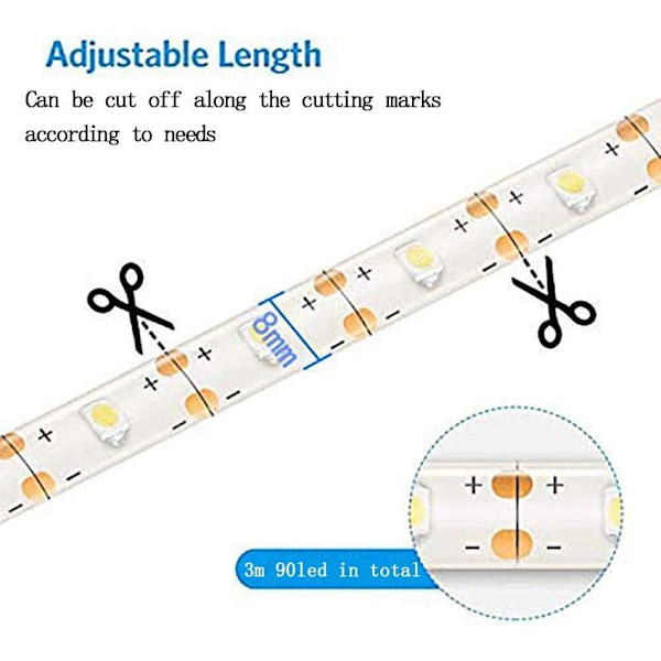 3m Batteridrevne LED-lysstrimler med fjernkontroll, 90 LED-lys, vanntett, 8 moduser, dimmbar, timer, selvklebende