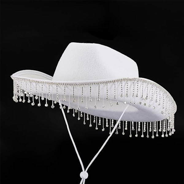 Cowboyhatt för kvinnor, bredbrättad med strass och fransar, västerländsk stor hatt för klubb och fest, vit