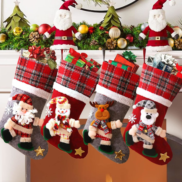 Julestrømper, sæt med 4 Xmas personlige julestrømper, julesokker til at hænge julemanden Rensdyr snemand pejs træ