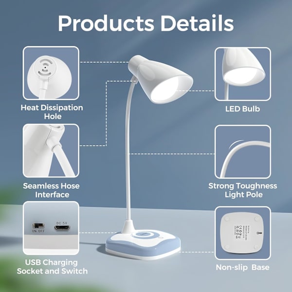 Skrivebordslampe, Batteridrevet Bordlampe, USB Genopladelig Lampe, 3 Lysstyrke Niveau, Berøringsstyret Natlampe