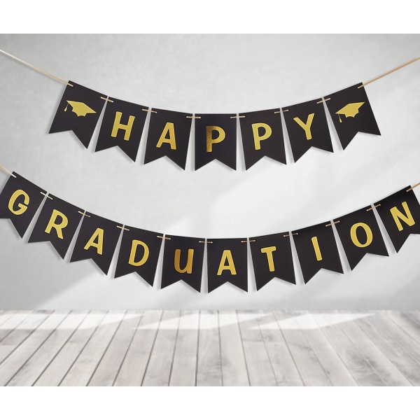Black and Gold Banner, Happy Graduation Party Supplies 2023