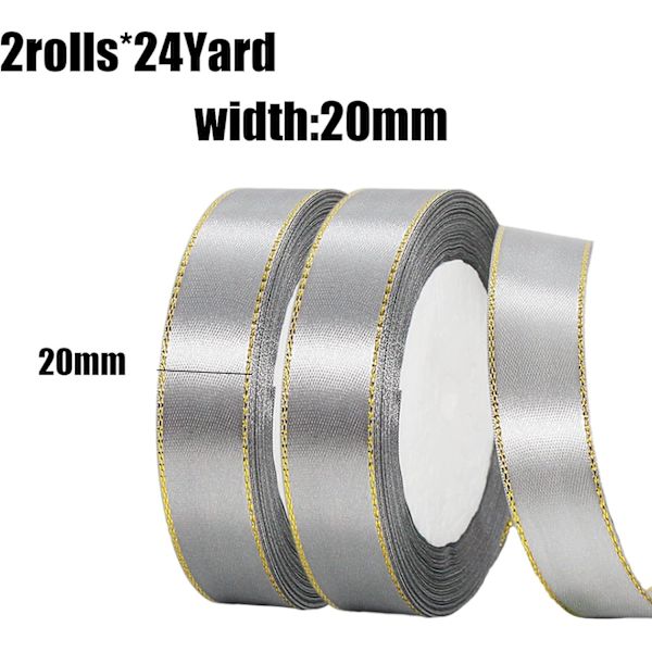 2 Rullar 20mmx22m Grå Band med Gyllene Kant, Jul Dubbelsidigt Satinband Rulle för Hantverk DIY, Julband för Presentinslagning