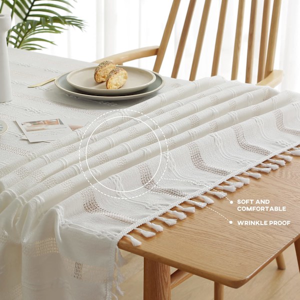 Fyrkantig Fläckresistent Duk Linne Bomull Tofs Broderi Duk för Soffbord Kontorsdekoration (Vit, 140 x 180 cm)