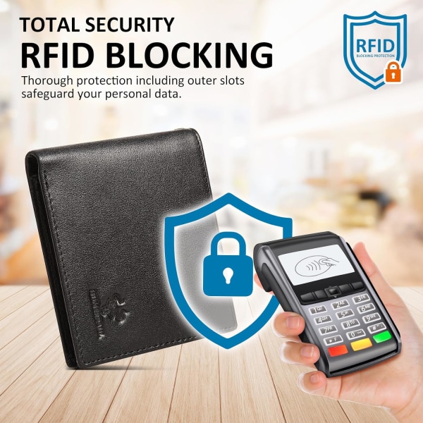 Herrplånbok med kedja i äkta läderväska RFID Blocking Bifold-plånbok med ID-fönsterkortplatser, svart