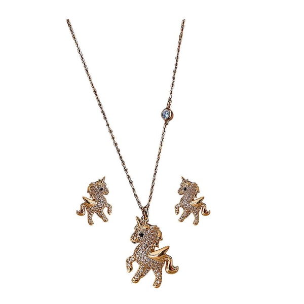 1 Set Unicorn Necklace Earrings Rhinestone Jewelry Necklace Ear Studs Set Metal Jewelry