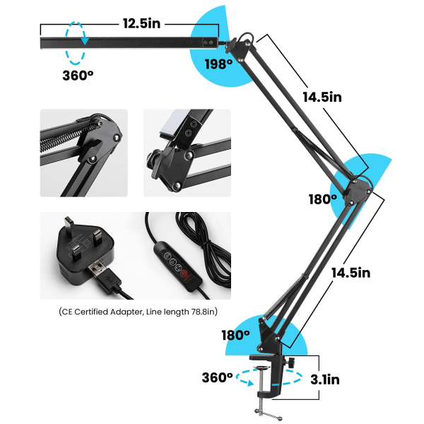 LED-skrivebordslampe, 14W sammenklappelig arkitekt med klemme, justerbar