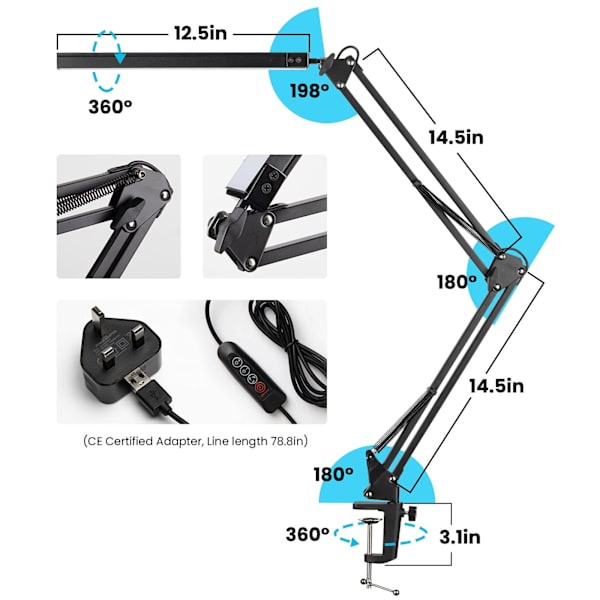 LED-skrivebordslampe, 14W sammenleggbar arkitekt med klemme, justerbar