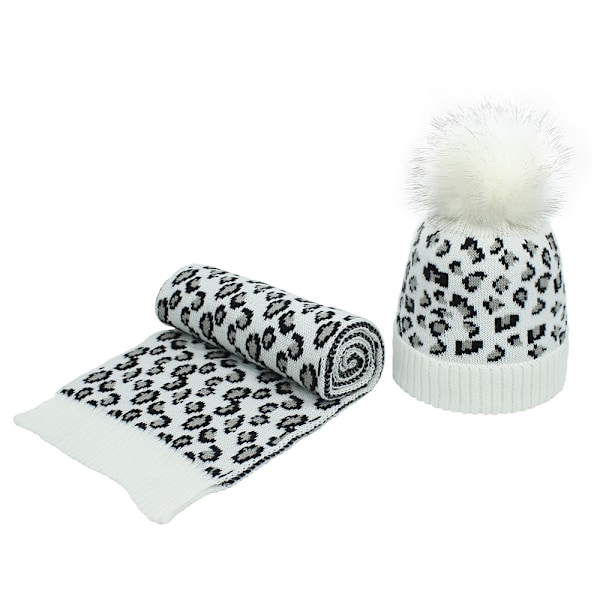 Damhatt och Scarfs Set, Leopardmönstrad Fleece Pom Pom Mössa White