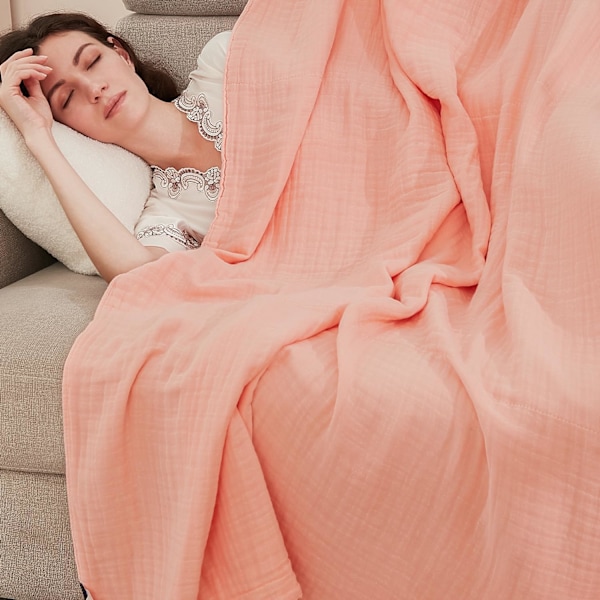 Bomuldskaste Tæppe 100% Muslin Blødt Tæppe til Sofa 4-Laget Åndbart Gaze Tæppe Alle Sæsoner Blødt  (Salvie Grøn, 100 x 150cm)Pink
