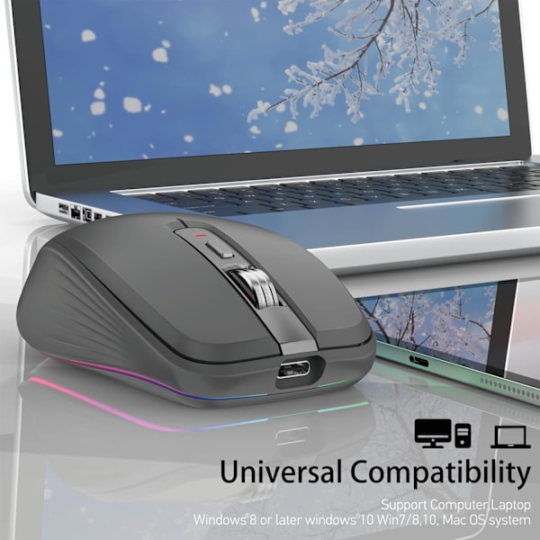 2.4G+BT5.1 Trådlös Mus för Datorspel Ergonomisk Design 4-växlad Justerbar DPI Inbyggt Uppladdningsbart Batteri för Laptop