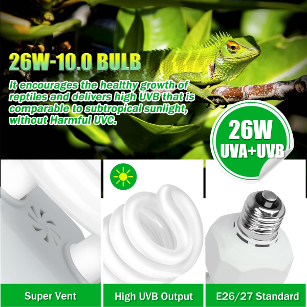 UVA UVB 10.0 Reptilpære, 26W Dual-Threat UV-lyspære, Kompaktlysrør, Egnet for Ørkenreptiler