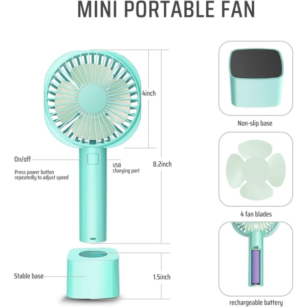 Bærbar vifte, stillegående mini-USB-vifte, oppladbart 2600mAh batteri, 3-hastighets justerbar håndholdt vifte for campingkontorlomme Office Travel (blå)