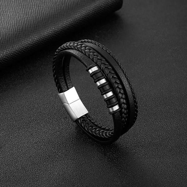 Stiligg Braided Lær Armbånd, Høy Kvalitet og Holdbar, Svart/Sølv