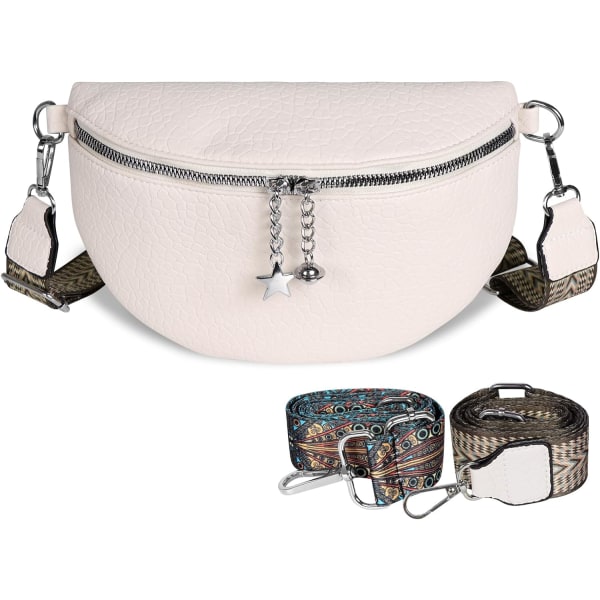 Fanny Packs for Kvinner, Bred Rem Crossbody Vesker, Lær Sling Belteveske for Kvinner, Trendy Midjevesker Vanntette for Fest, Reise, Gave, Hvit