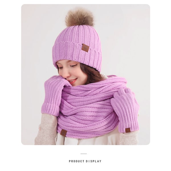 Dam Vintermössa Halsduk Handskar Set, 3-delad Stickad Mössa, Varmare Halsduk, Varm Stickad Ullmössa Light Purple