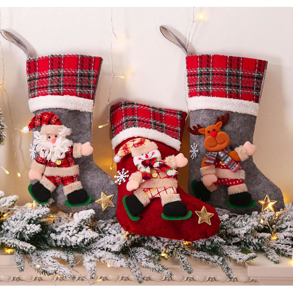 Julestrømper, sæt med 4 Xmas personlige julestrømper, julesokker til at hænge julemanden Rensdyr snemand pejs træ