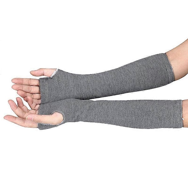Dam Stretchig Mjuk Stickad Handleds Armvärmare Långärmad Fingerlösa Handskar Randig (Ljusgrå)